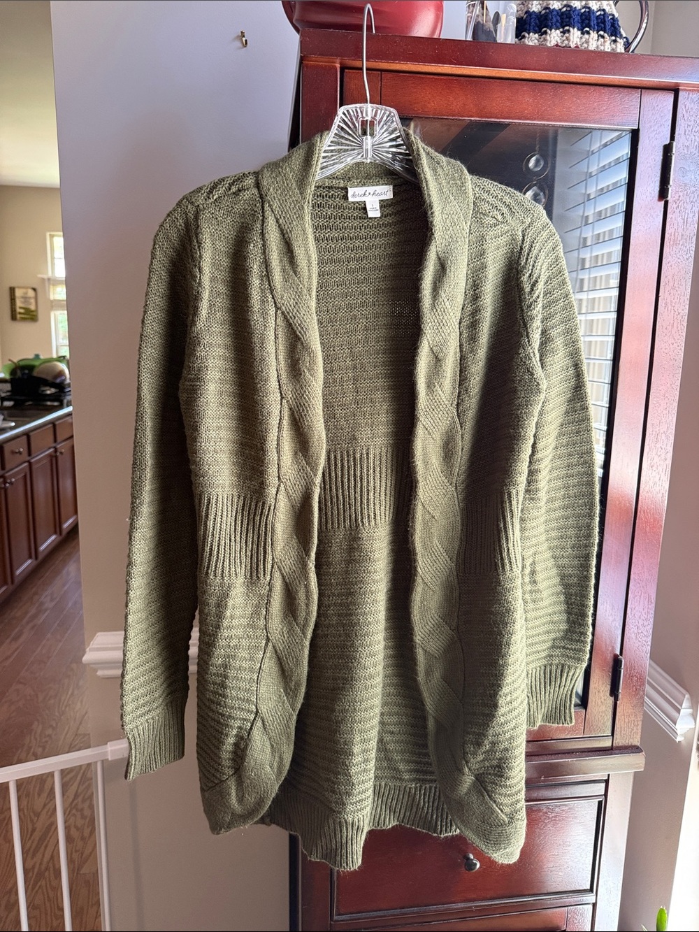 Derek Heart Olive Green Cable-Front Open Cardigan